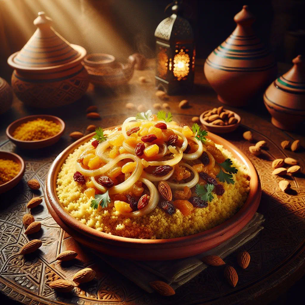 Fluffy couscous topped with tender meat, caramelised onions and raisins
