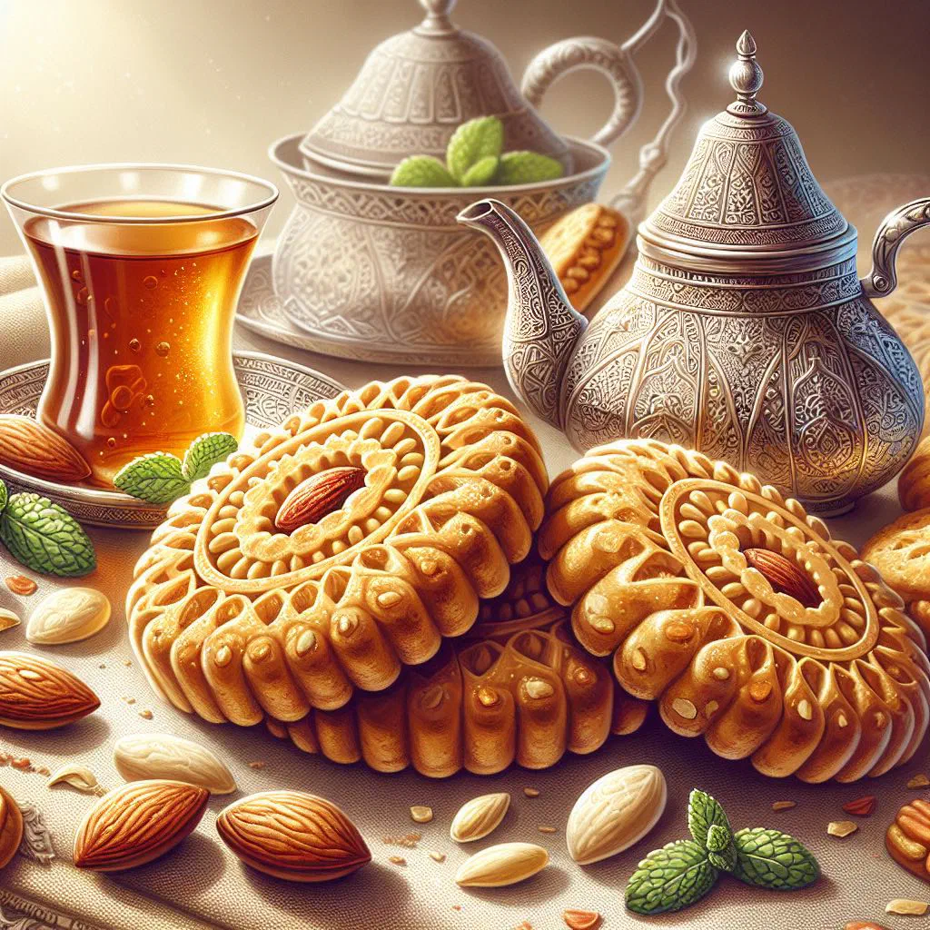 Sliced Moroccan fekkas biscuits studded with almonds, served with mint tea