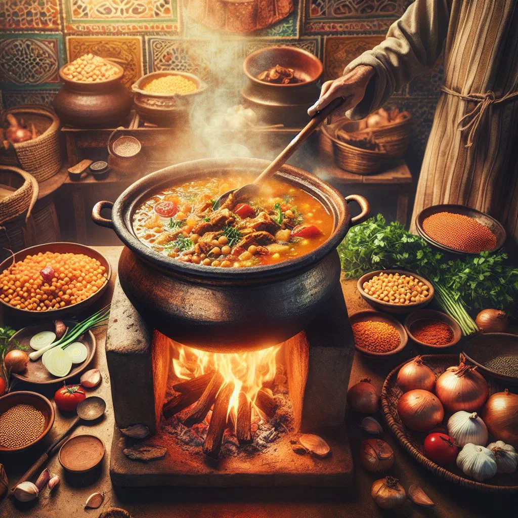 Bowl of Moroccan harira au poulet soup with chicken and fresh herbs