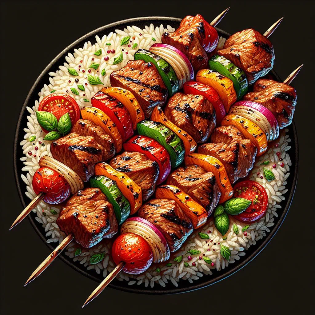 Moroccan kebab skewers with herbs and lemon wedges
