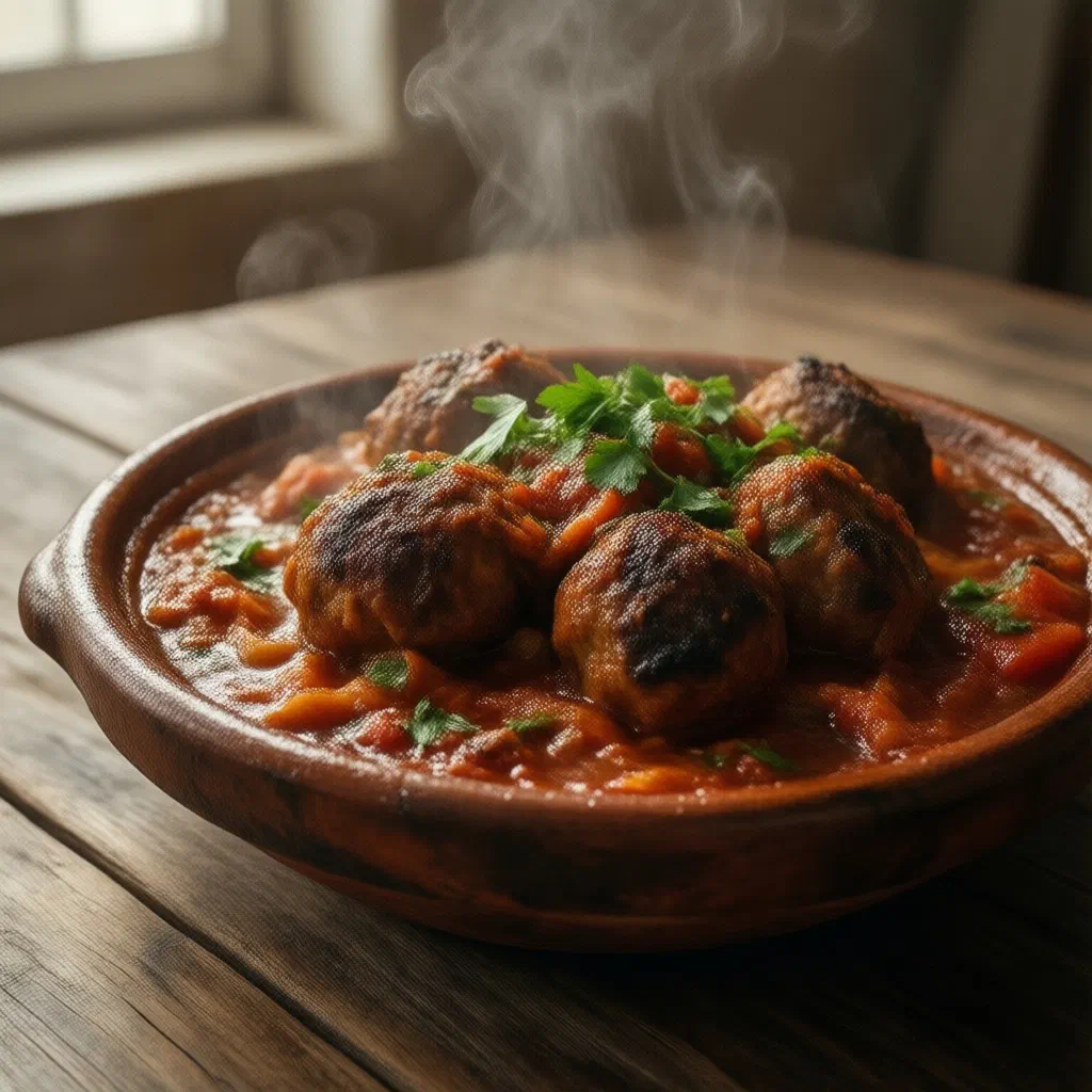 Moroccan kefta meatballs simmering in a rich tomato sauce