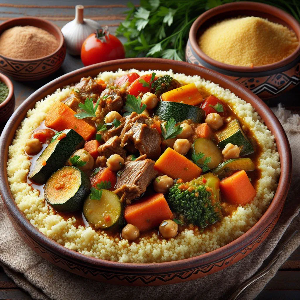 Steamed Kouskous Beldi served with vegetables and tender meat