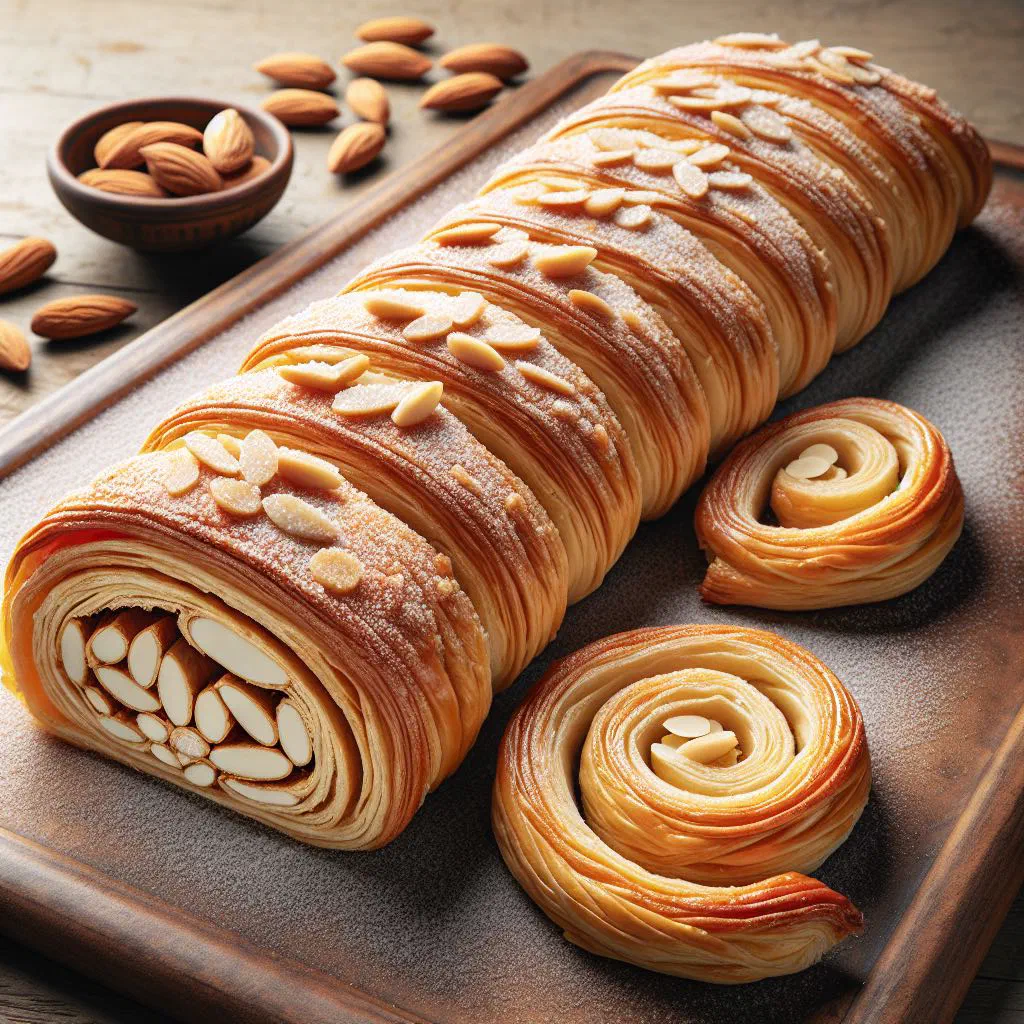 Golden coiled mhencha pastry filled with spiced minced meat and almonds