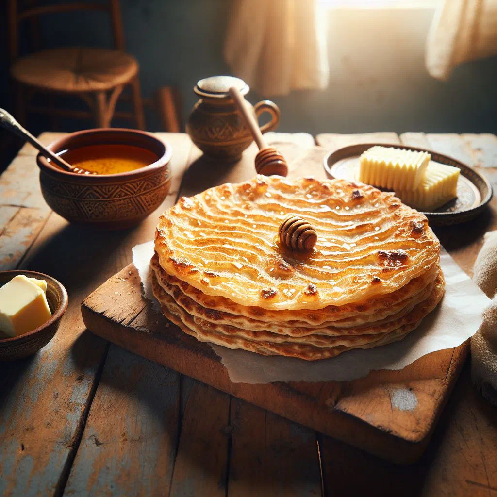 Stack of golden, square layered Moroccan msemmen flatbreads