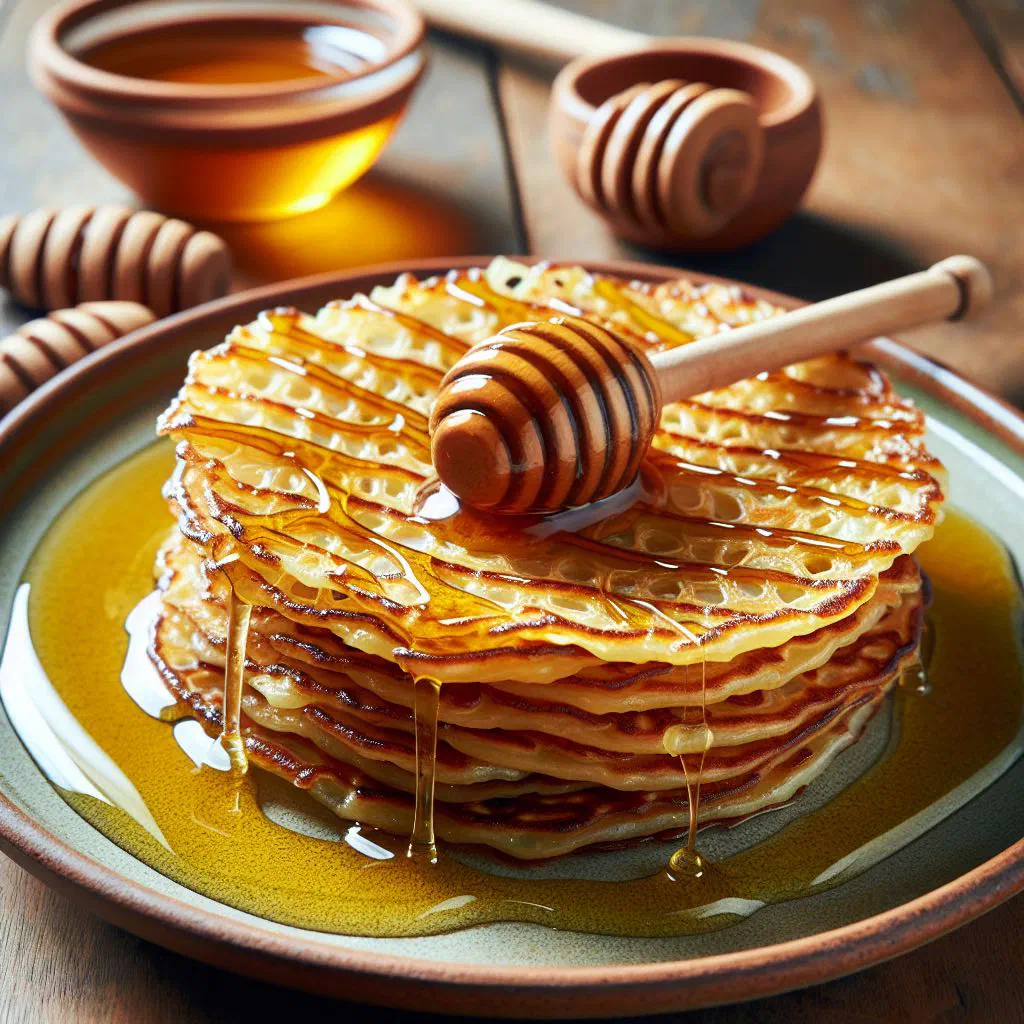 Flaky Moroccan msmen pancakes drizzled with golden honey