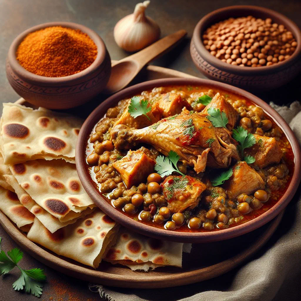 Rfissa au poulet with tender chicken and lentils over shredded msemen