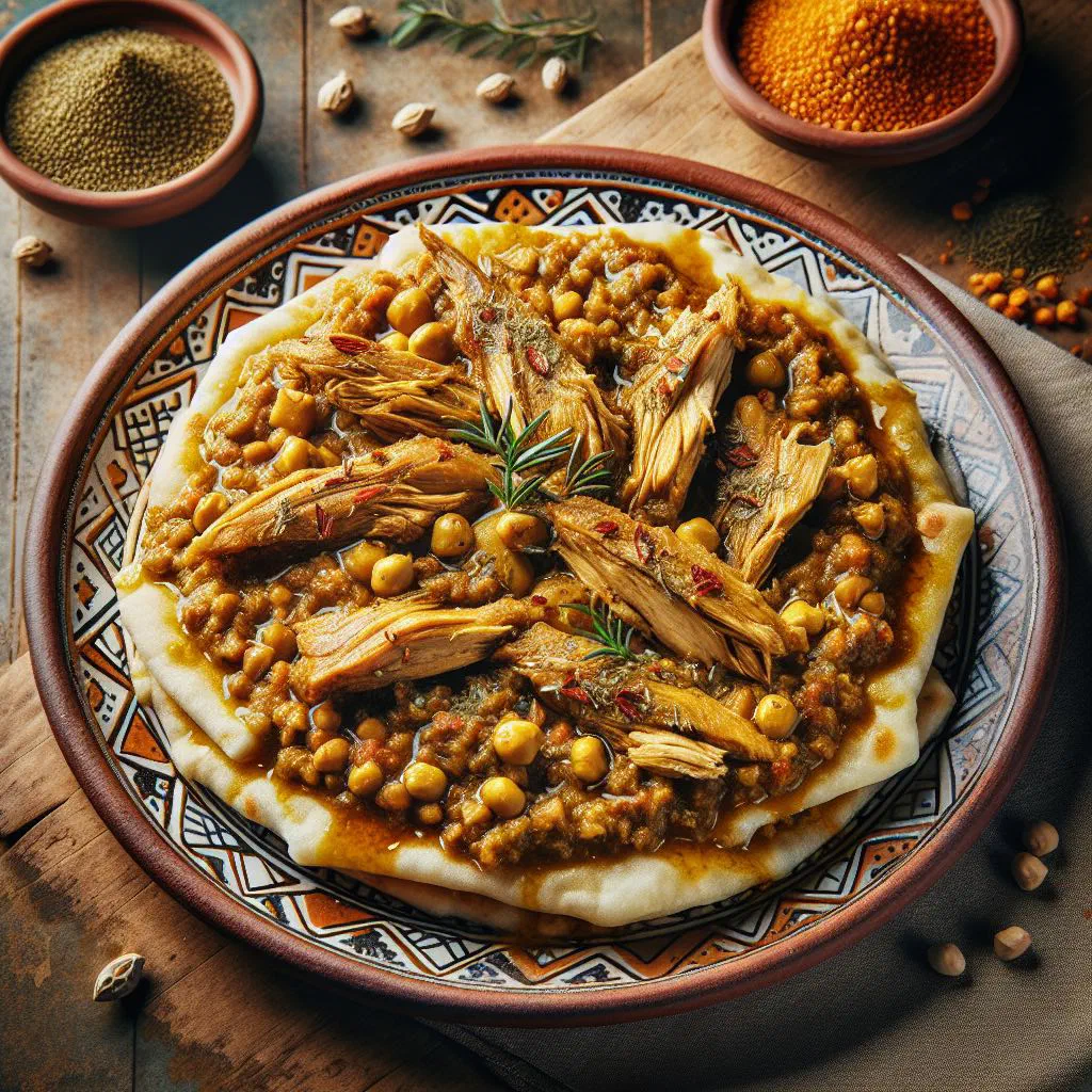 Rfissa with shredded chicken and lentils over torn flatbread in a serving dish
