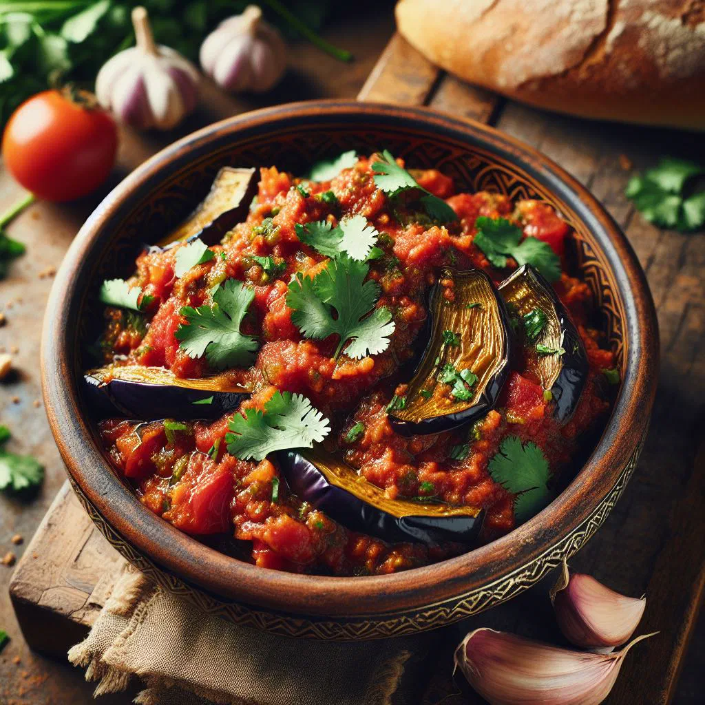 Smoky Moroccan aubergine and tomato salad garnished with fresh coriander