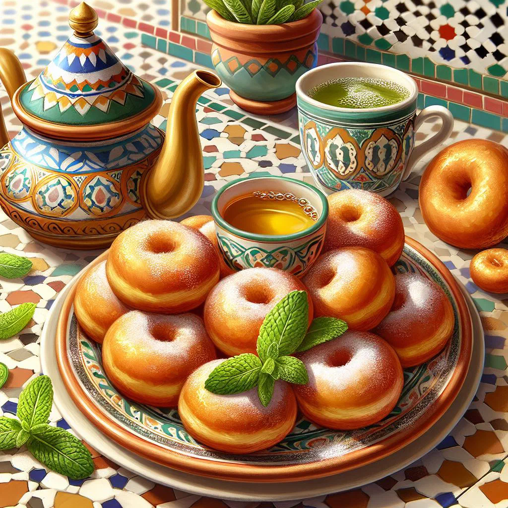 Golden Moroccan sfenj doughnut rings dusted with sugar