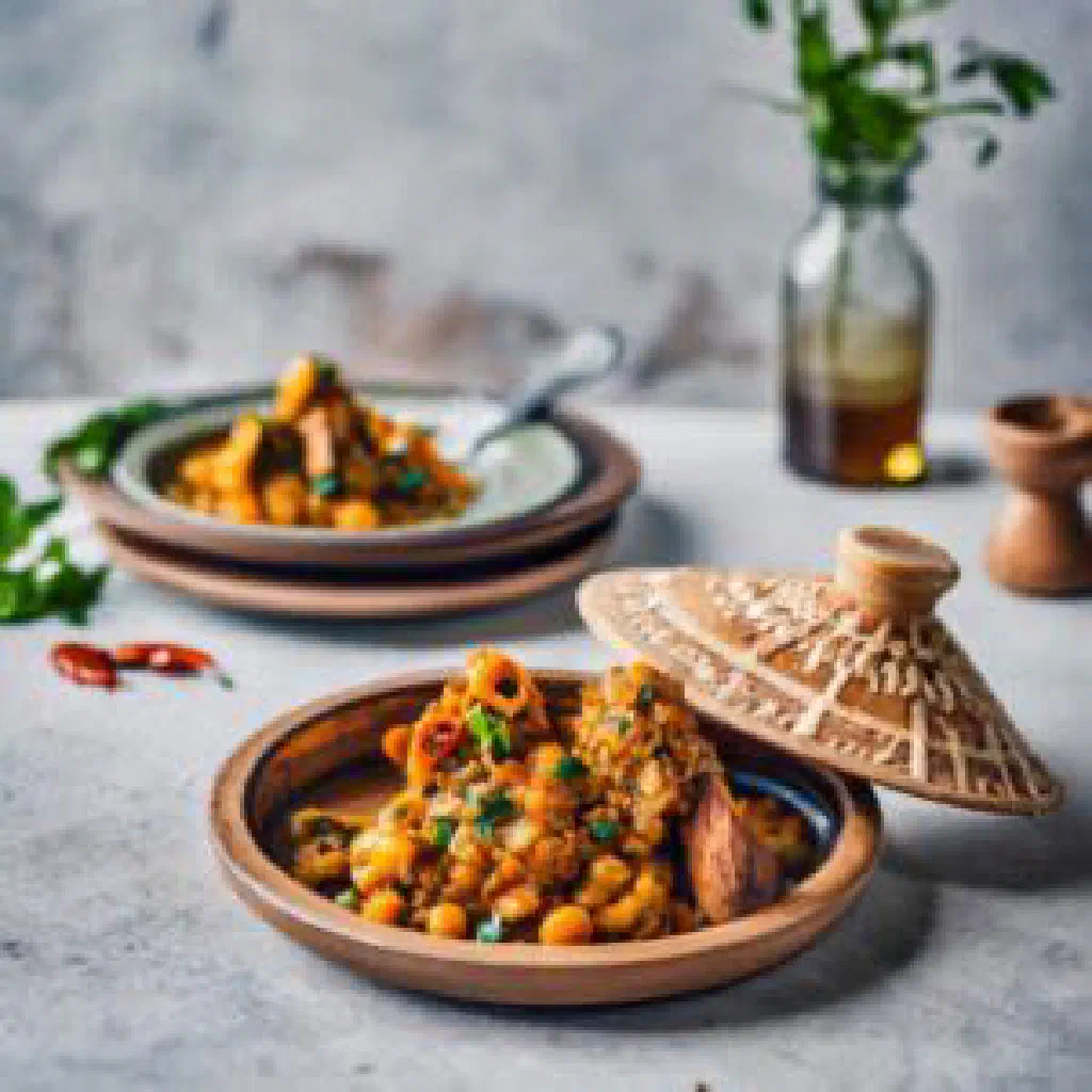 Moroccan tajine of slow-cooked meat with vegetables in a conical clay pot