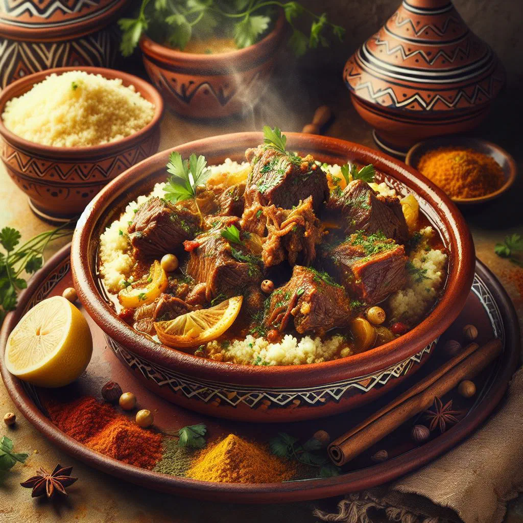 Slow-cooked Moroccan tanjia of spiced lamb garnished with fresh coriander