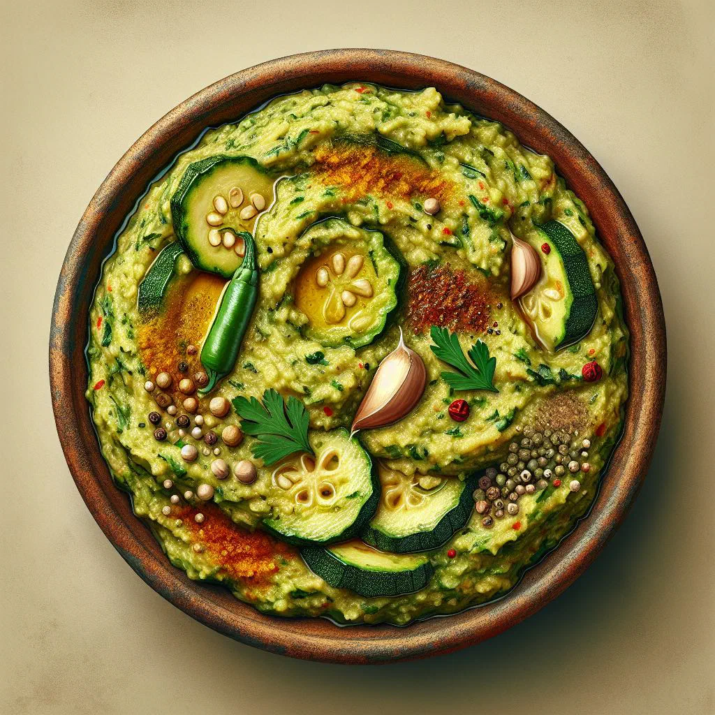 Moroccan courgette zalouk garnished with fresh parsley