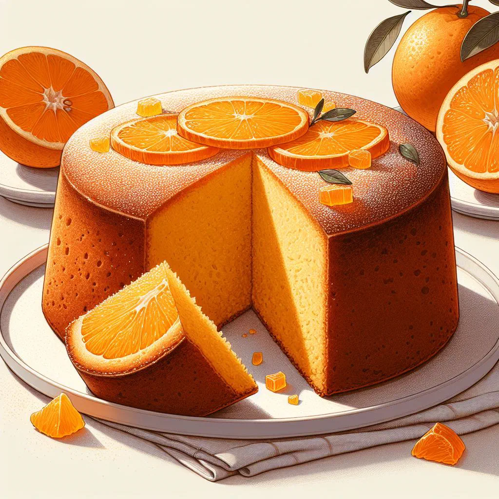 Golden orange cake dusted with icing sugar and garnished with fresh orange slices