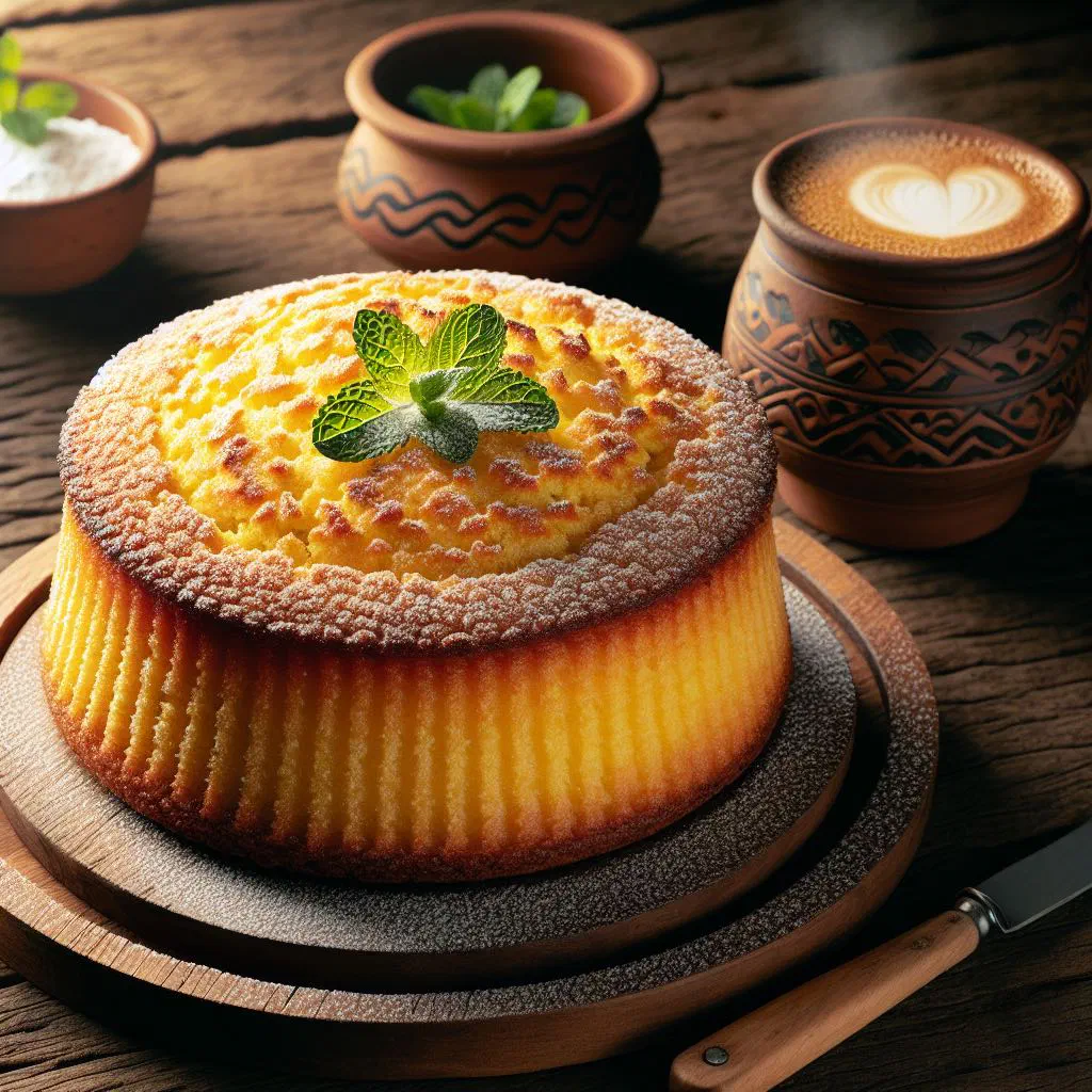 Golden Mozambican corn cake dusted with icing sugar