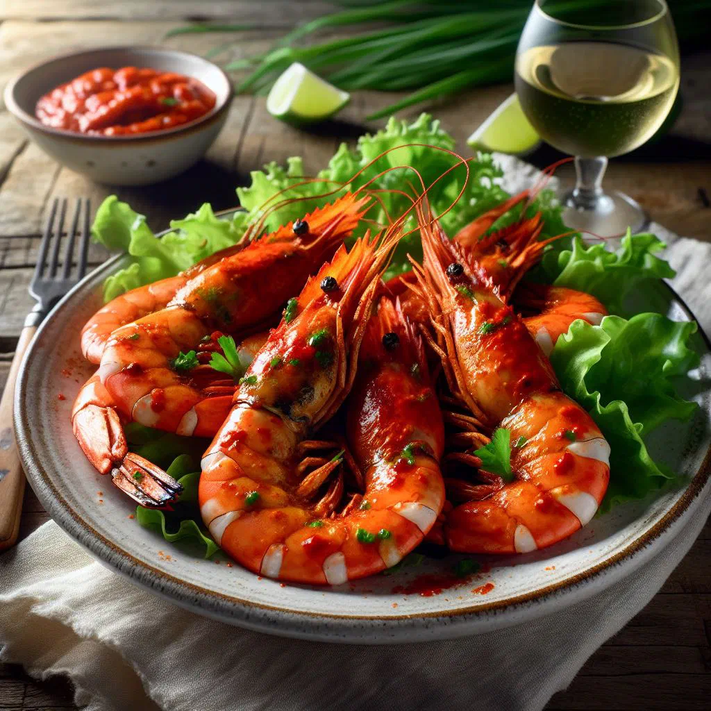 Prawns in a fiery piri-piri sauce garnished with fresh coriander and lemon