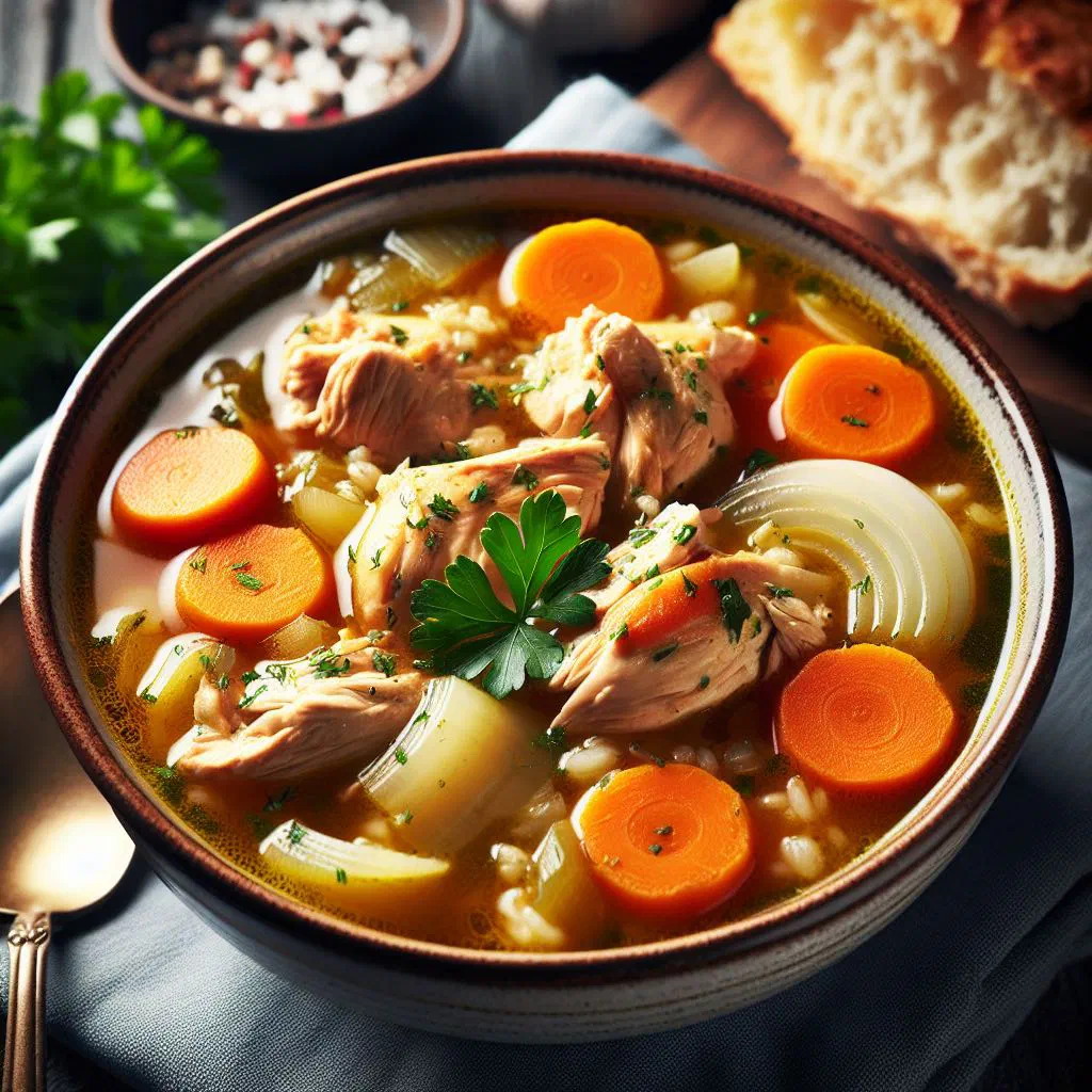 Bowl of Canja de Galinha chicken and rice soup garnished with fresh parsley