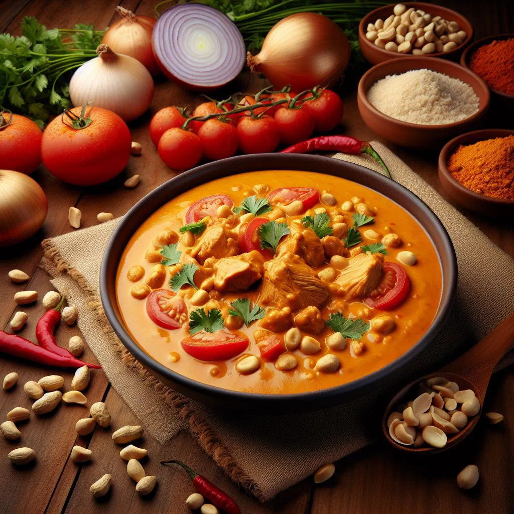Creamy Mozambican peanut curry garnished with fresh coriander, served with rice