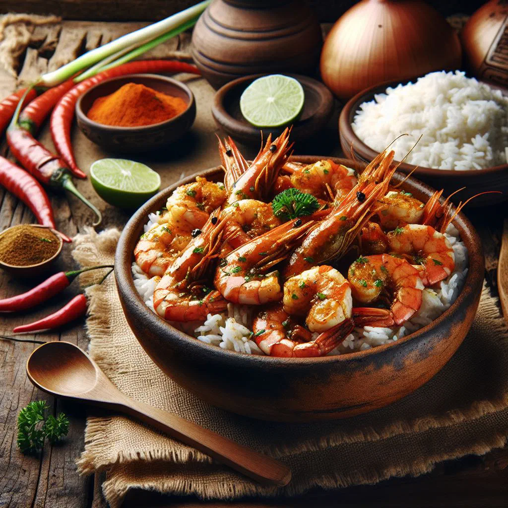 Caril de Camarão prawn curry in coconut sauce garnished with fresh coriander