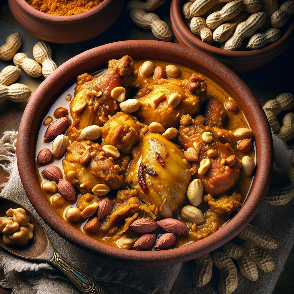 Mozambican chicken and peanut curry in coconut sauce garnished with fresh coriander