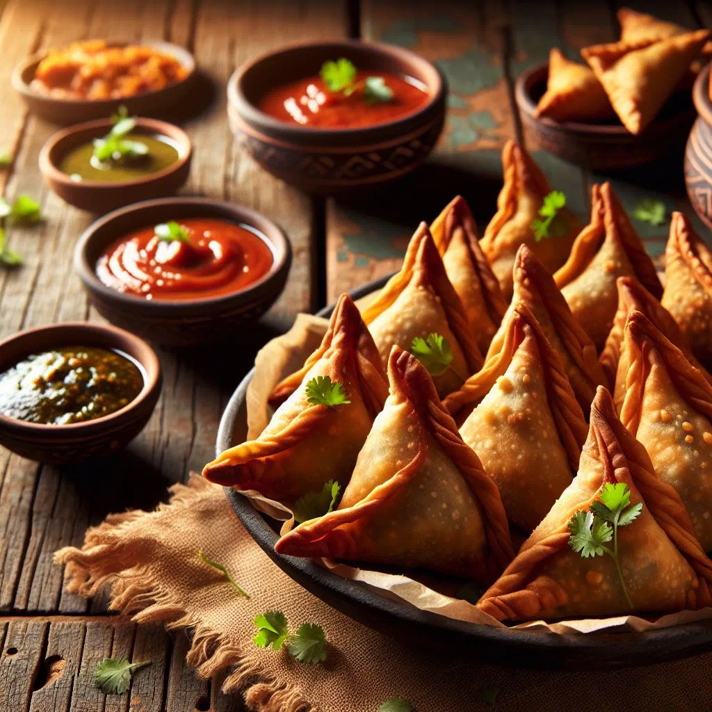 Golden deep-fried chamuças pastries served on a plate
