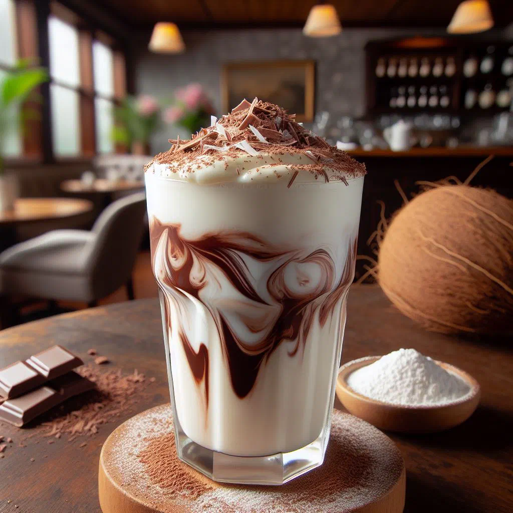 Chocolate and coconut milk dessert served in small bowls with coconut flakes
