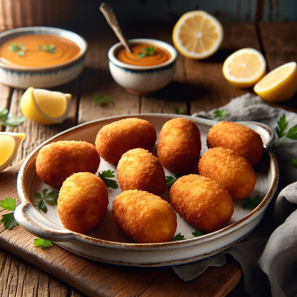 Golden fried Mozambican fish croquettes on a plate with lemon