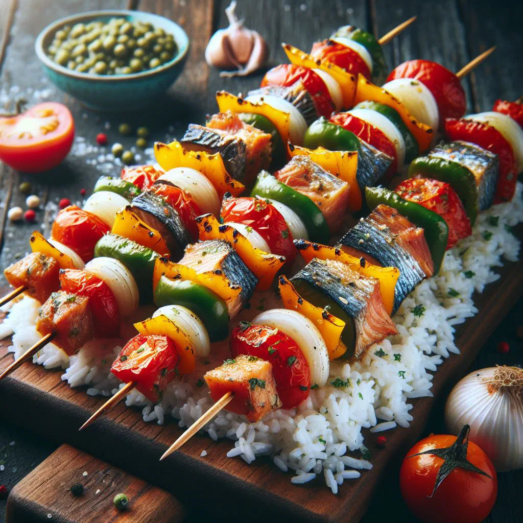 Grilled Mozambican fish skewers served with fresh herbs and lemon