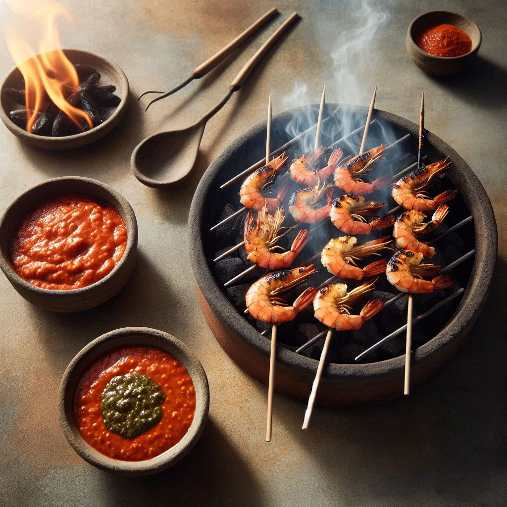 Grilled prawn skewers garnished with fresh parsley and lemon