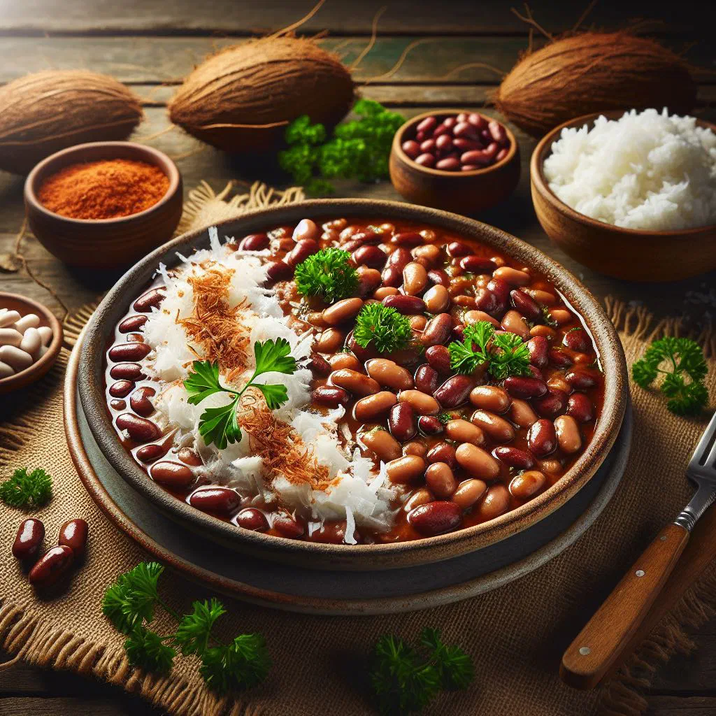 Bowl of Mozambican white beans in coconut milk garnished with fresh coriander