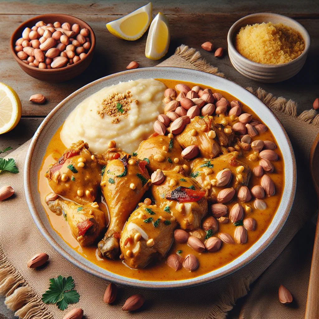 Tender chicken in a creamy peanut and coconut sauce garnished with coriander