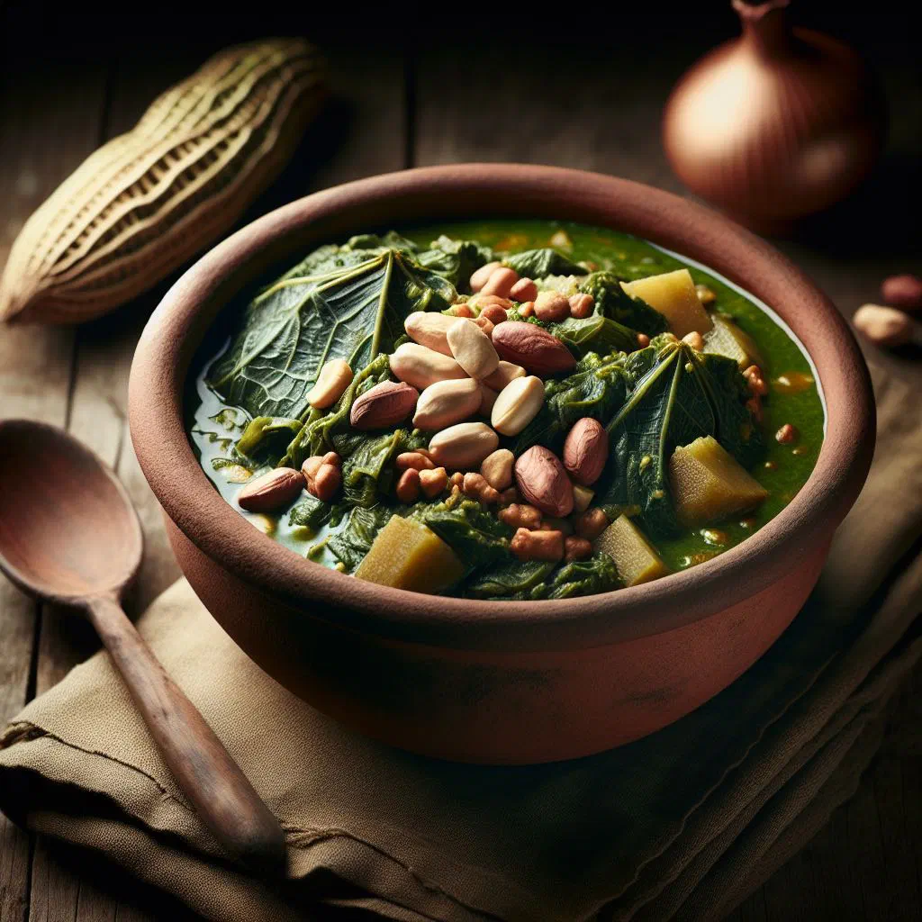 Matapa de amendoim, cassava leaves in peanut sauce with prawns