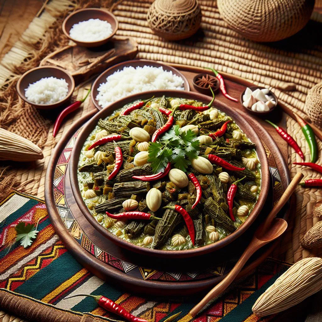 A bowl of creamy green matapa served with a portion of white xima