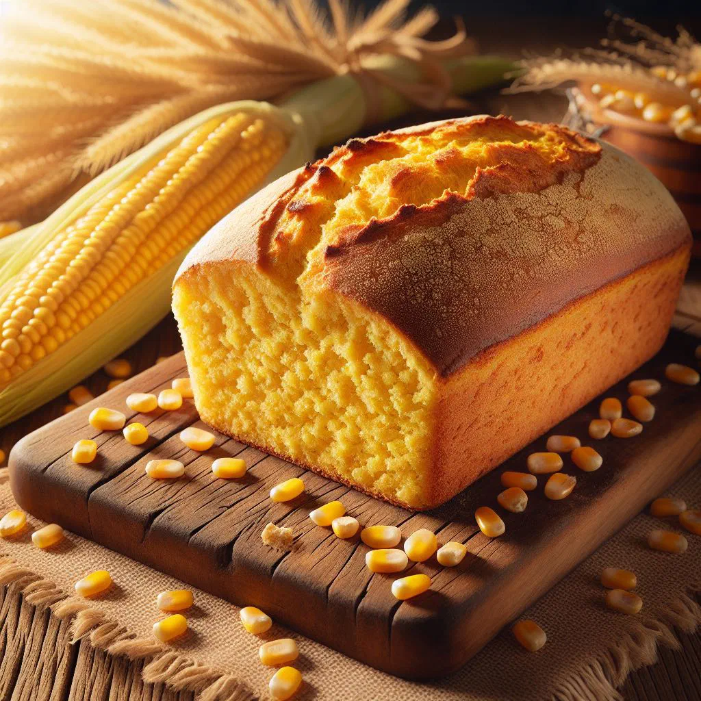 Golden-baked Pão de Milho cornbread on a rustic wooden board