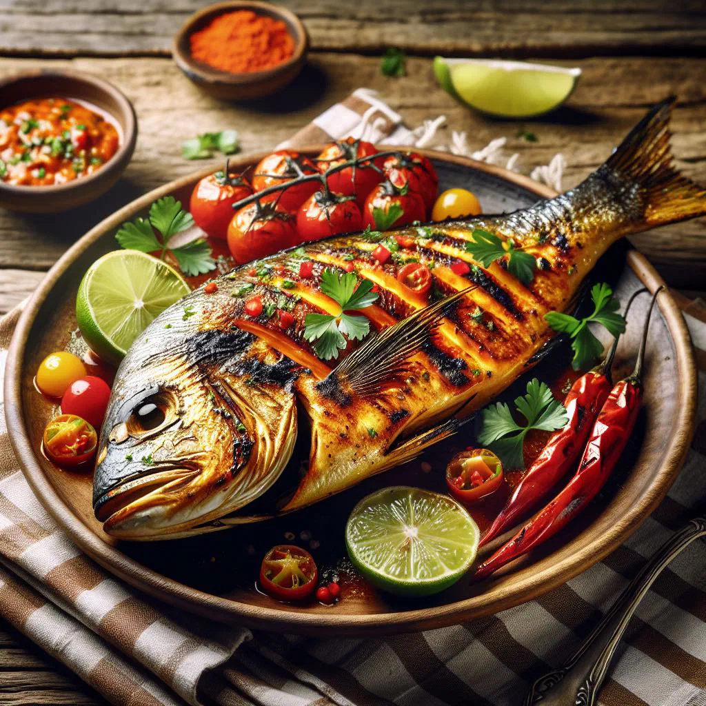 Grilled fish fillets glazed with piri piri marinade and garnished with fresh coriander