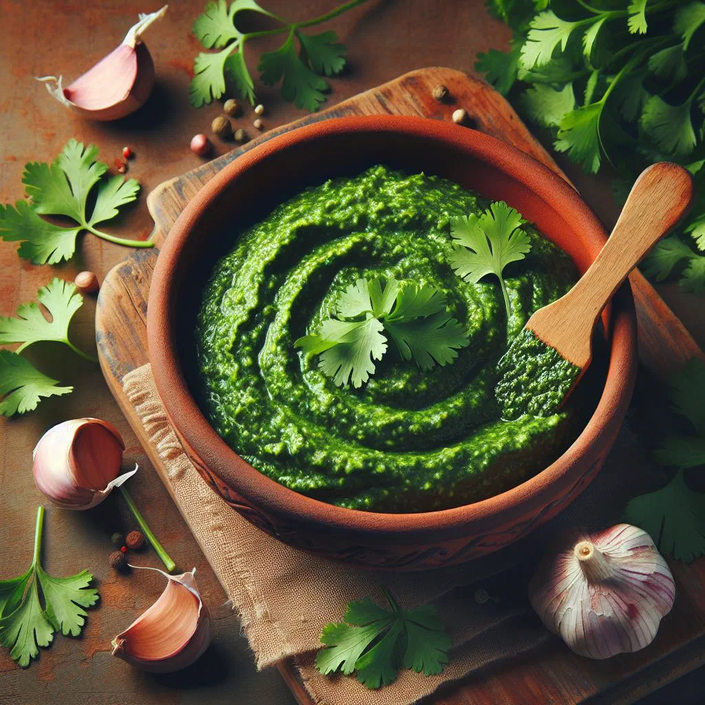 Bowl of bright green coriander pesto drizzled with olive oil