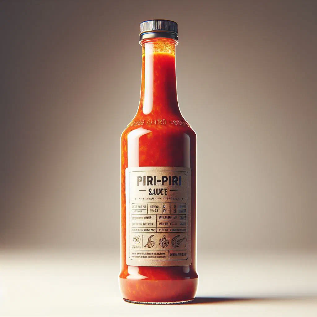 A bowl of bright red piri-piri sauce with fresh chillies and herbs