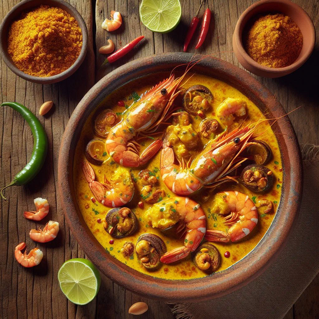 Prawn vatapá in a creamy peanut and coconut sauce garnished with coriander