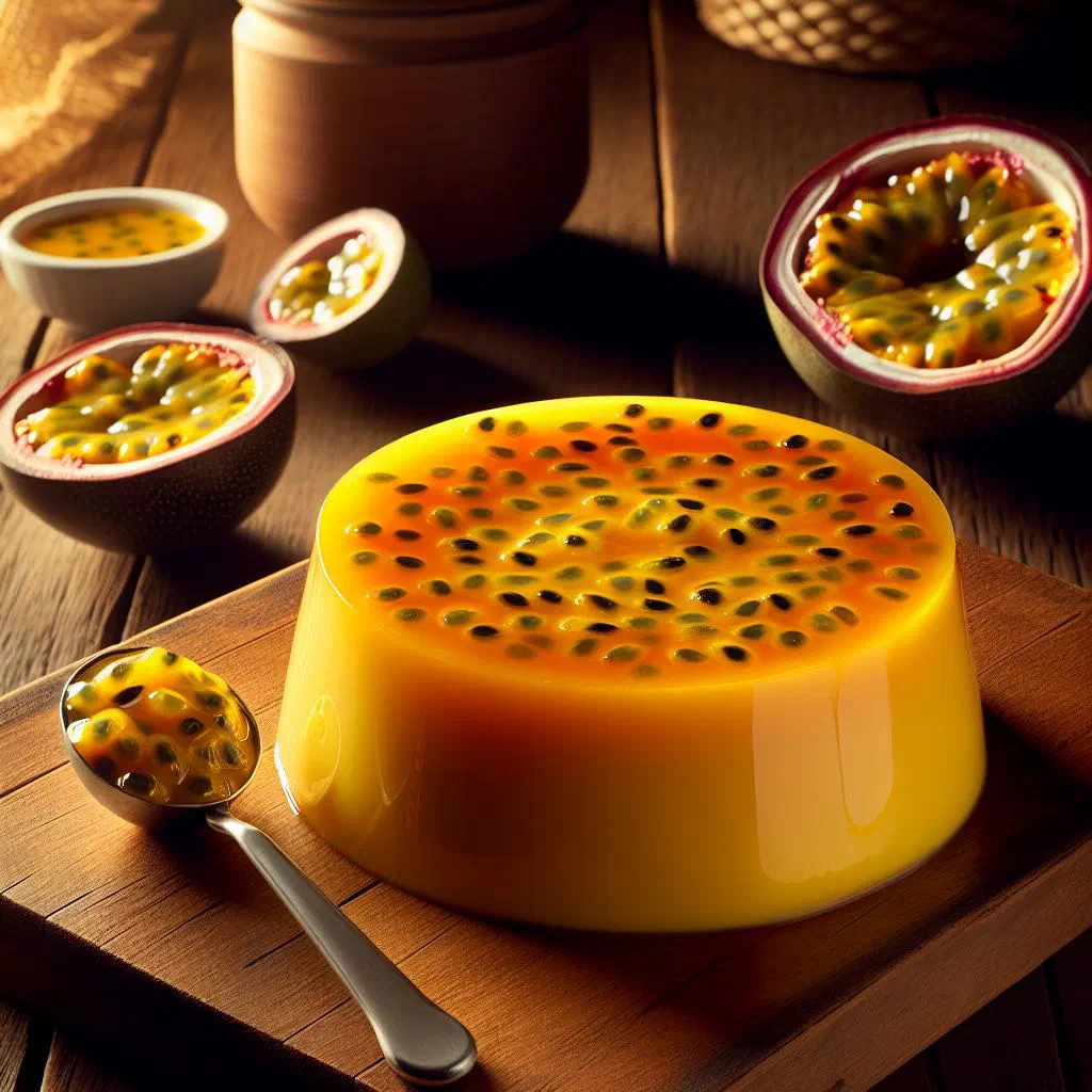Creamy passion fruit pudding turned out onto a plate with golden caramel