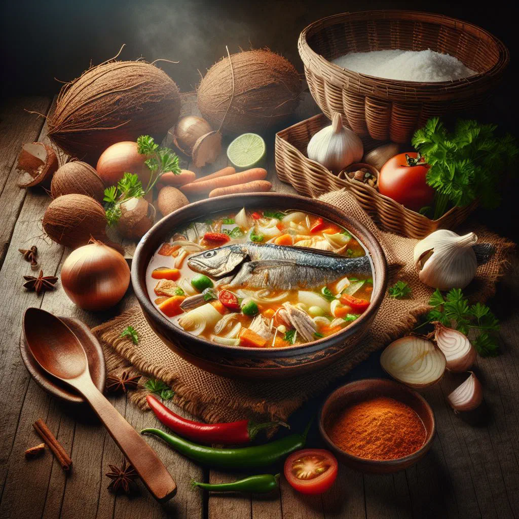 A bowl of Mozambican sopa de peixe fish soup garnished with fresh coriander