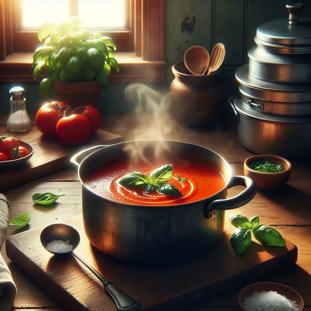 Bowl of Mozambican tomato soup garnished with fresh basil