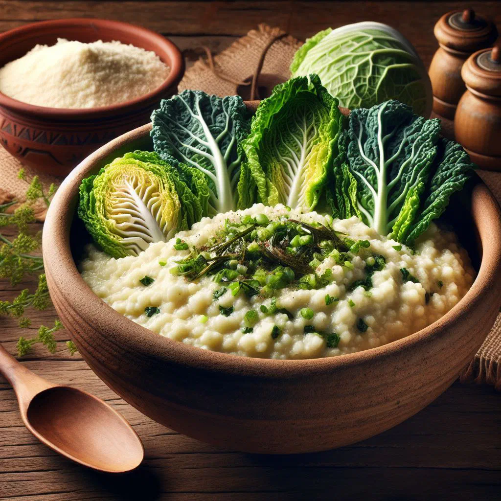 Creamy maize porridge served with a side of sautéed cabbage