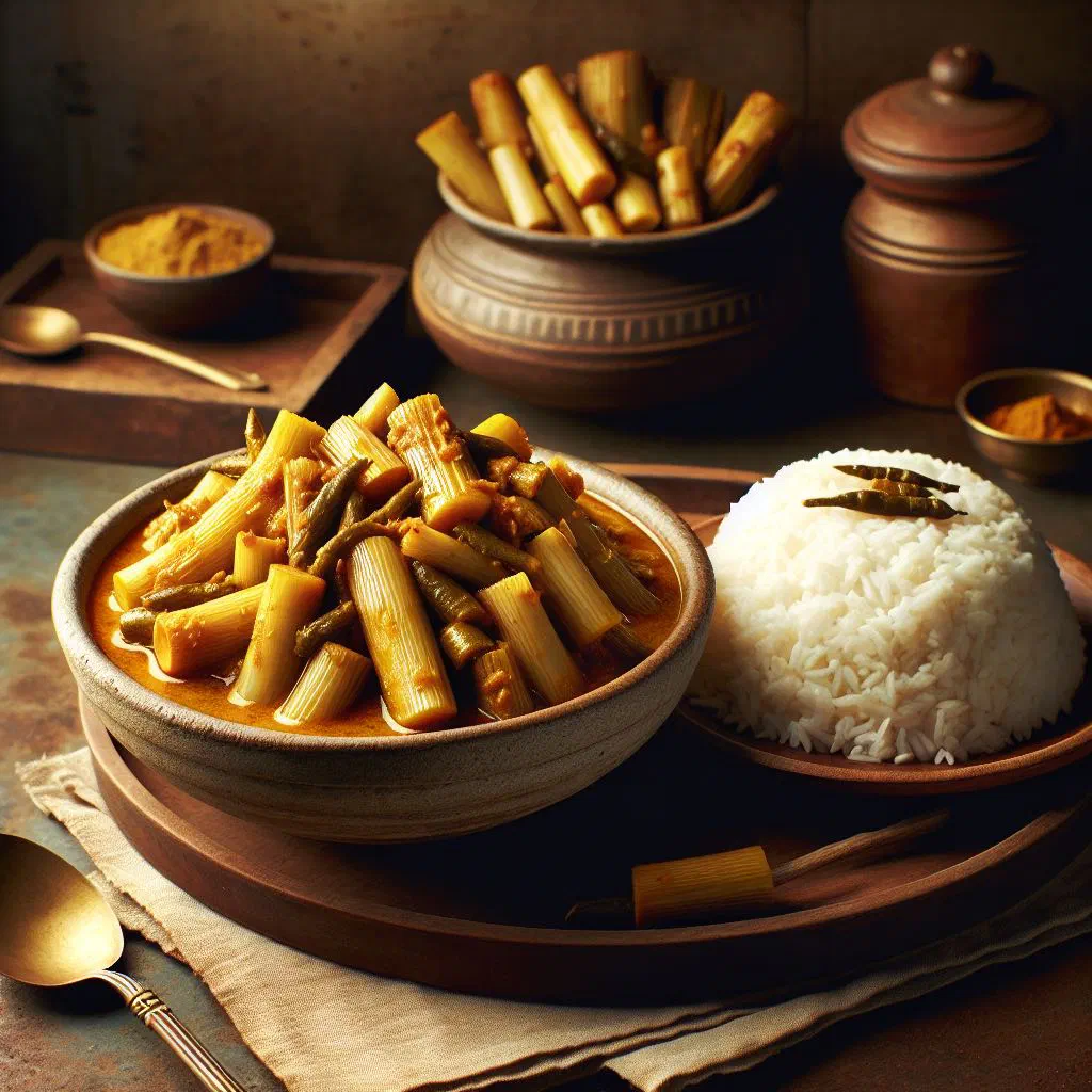 Bamboo shoot curry in coconut sauce, garnished with fresh coriander