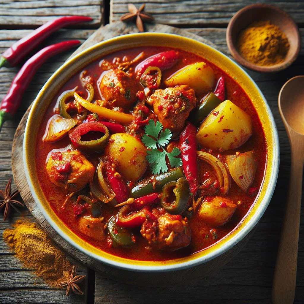 Burmese curry in a bowl with coconut milk sauce and fresh coriander