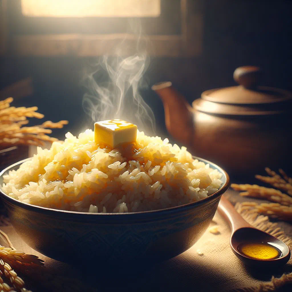 Golden butter rice in a bowl garnished with fresh coriander