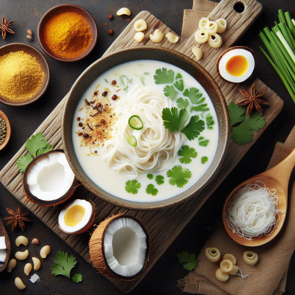 Bowl of Burmese coconut noodle soup with rice noodles and fresh herbs
