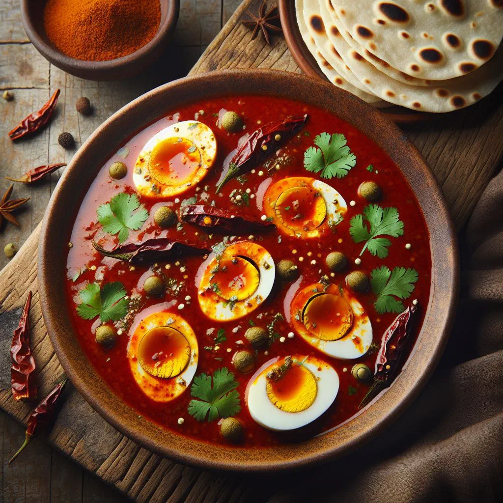 Burmese egg curry with halved eggs in a spiced tomato and coconut sauce
