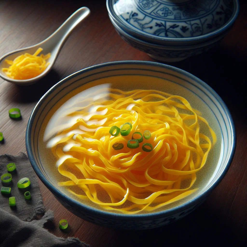 Bowl of egg drop soup with silky egg ribbons and chopped spring onions