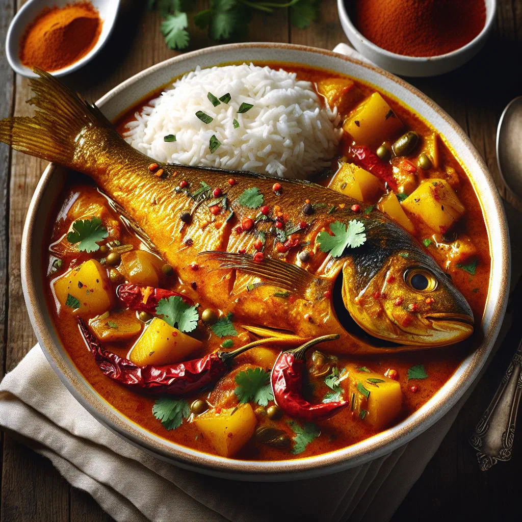 Burmese fish curry in coconut sauce with fresh coriander and rice