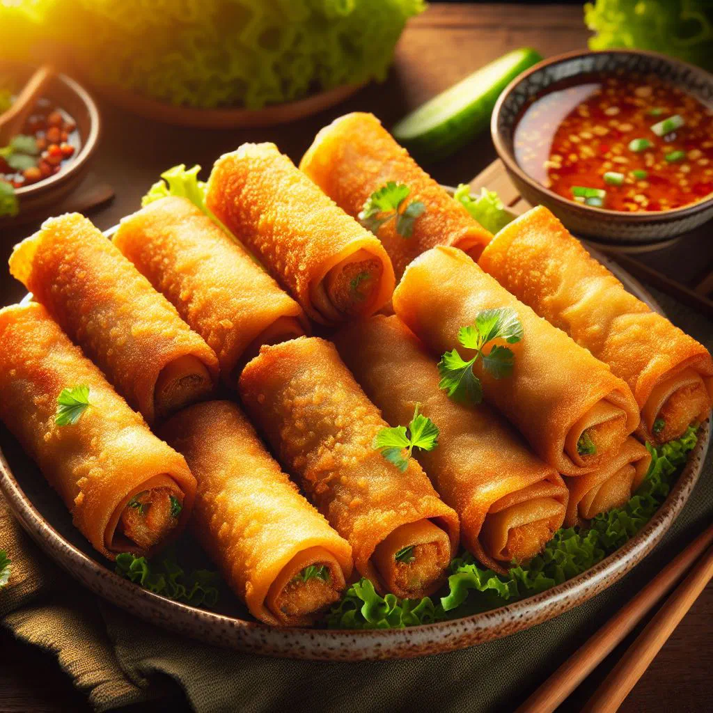Golden fried spring rolls stacked on a plate with a dipping sauce