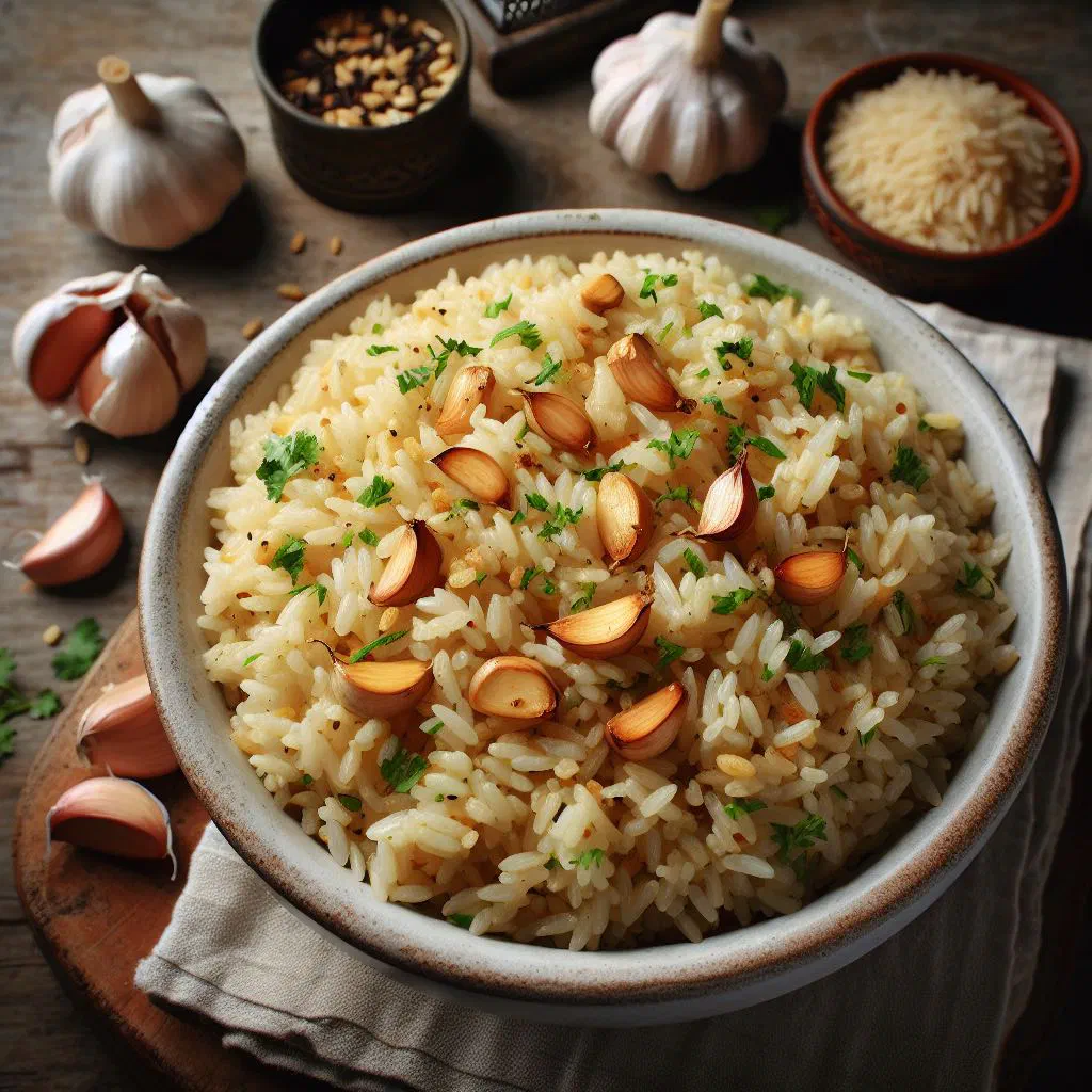 Bowl of Burmese garlic rice topped with golden fried garlic and fresh herbs